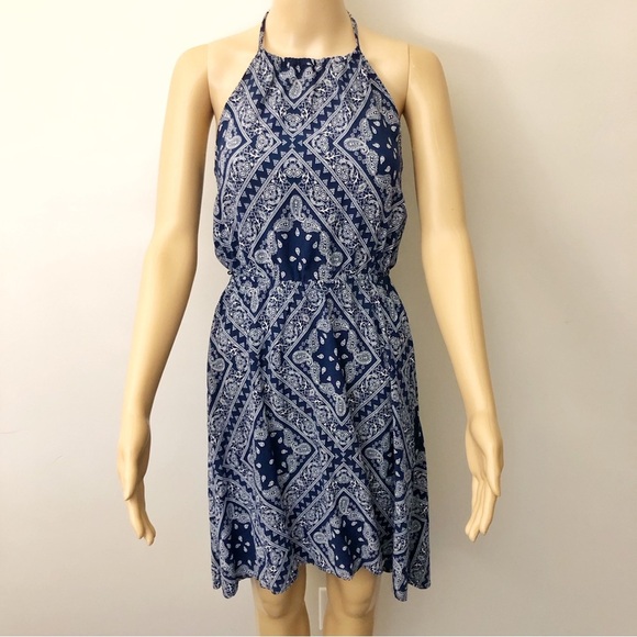 Vintage Halter Sexy Blue Floral Pattern Artsy High Low Mini Dress. Small-Medium - Picture 1 of 11